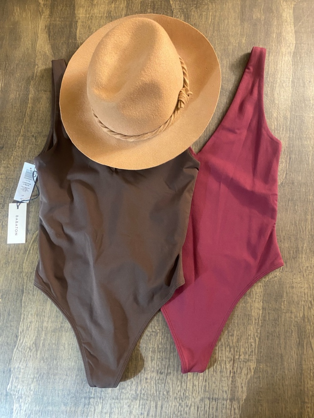 Babaton Sculpting V-Neck Body Suit Duo in Brown and Burgundy